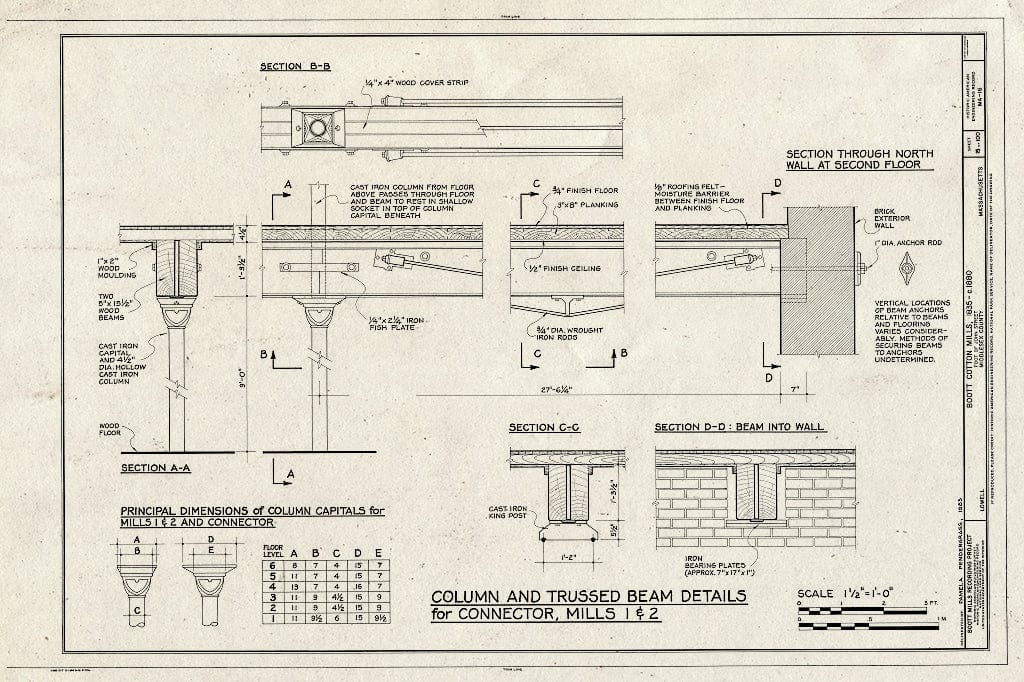 Blueprint Column and Trussed Beam Details for Connector, Mills 1 & 2 - Boott Cotton Mills, John Street at Merrimack River, Lowell, Middlesex County, MA