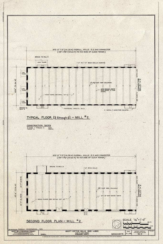Blueprint Typical Floor (3 Through 6) - Mill #2, Second Floor Plan - Mill #2 - Boott Cotton Mills, John Street at Merrimack River, Lowell, Middlesex County, MA