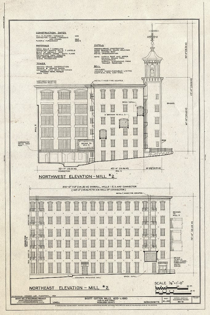 Blueprint Northwest Elevation - Mill #2, Northeast Elevation - Mill #2 - Boott Cotton Mills, John Street at Merrimack River, Lowell, Middlesex County, MA
