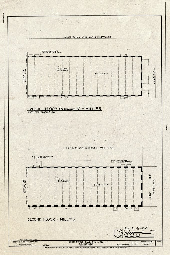 Blueprint Typical Floor (3 Through 6) - Mill #3, Second Floor - Mill #3 - Boott Cotton Mills, John Street at Merrimack River, Lowell, Middlesex County, MA
