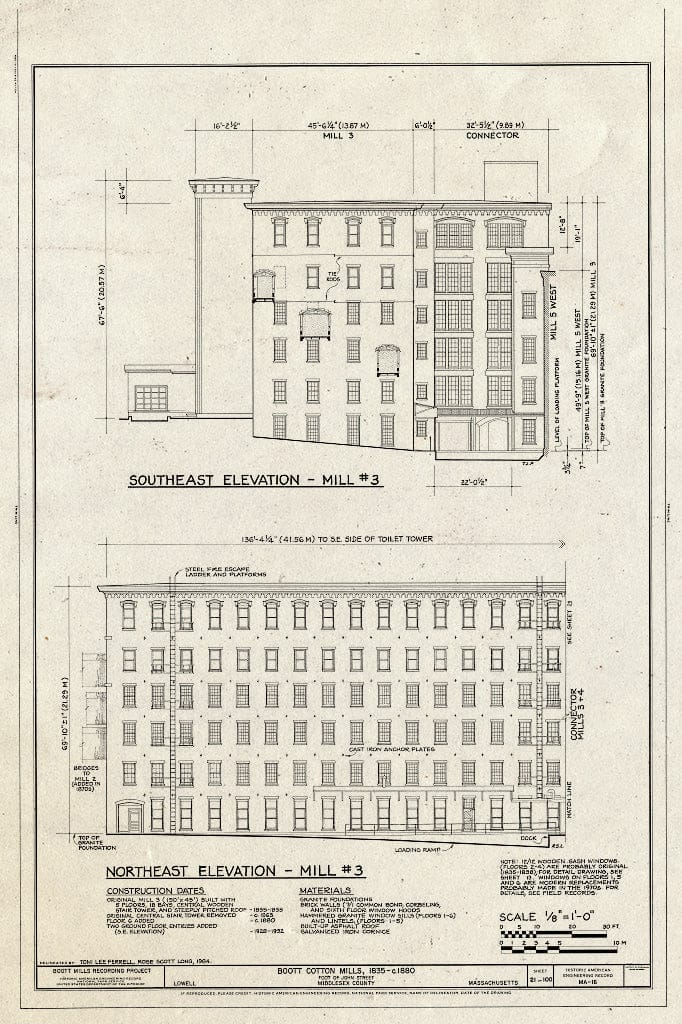 Blueprint Southeast Elevation - Mill #3, Northeast Elevation - Mill #3 - Boott Cotton Mills, John Street at Merrimack River, Lowell, Middlesex County, MA