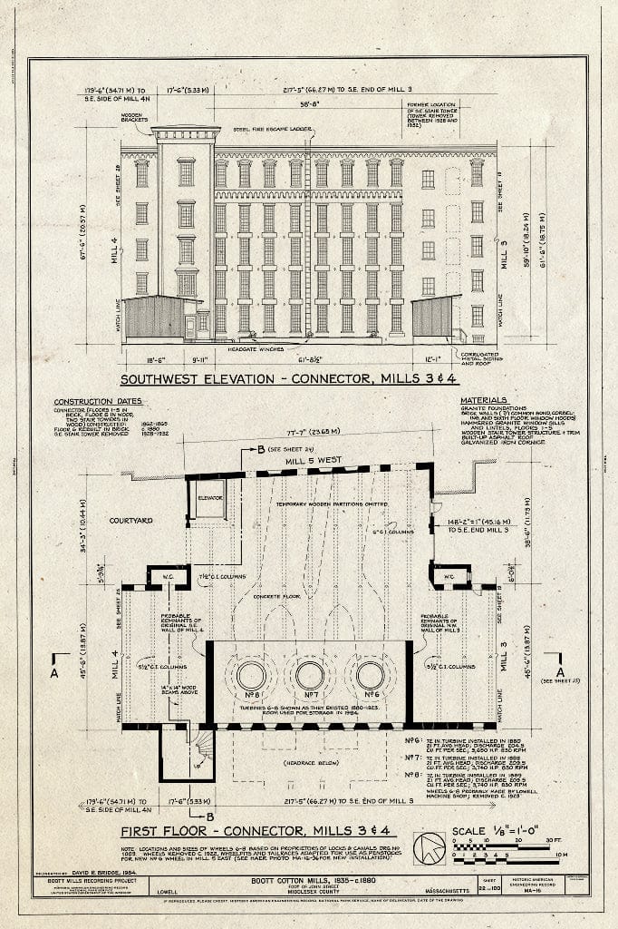 Blueprint Southwest Elevation - Connector, Mills 3 & 4, First Floor - Connector, Mills 3 & 4 - Boott Cotton Mills, John Street at Merrimack River, Lowell, Middlesex County, MA
