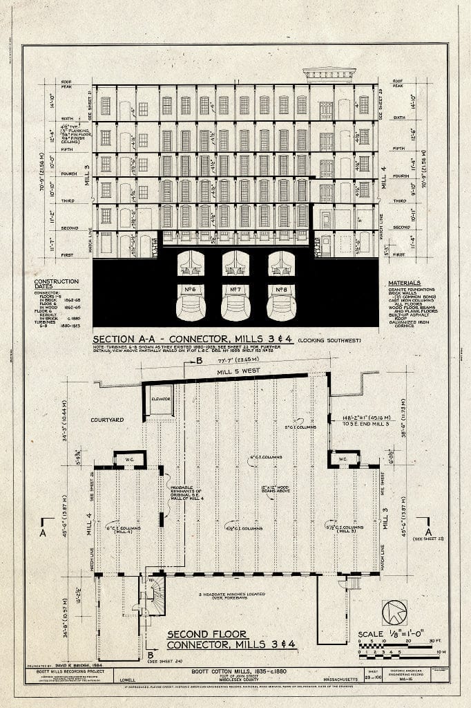 Blueprint Section AA - Connector, Mills 3 & 4, Second Floor Connector Mills 3 & 4 - Boott Cotton Mills, John Street at Merrimack River, Lowell, Middlesex County, MA