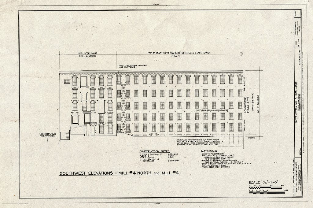 Blueprint Southwest Elevations - Mill #4 North and Mill #4 - Boott Cotton Mills, John Street at Merrimack River, Lowell, Middlesex County, MA