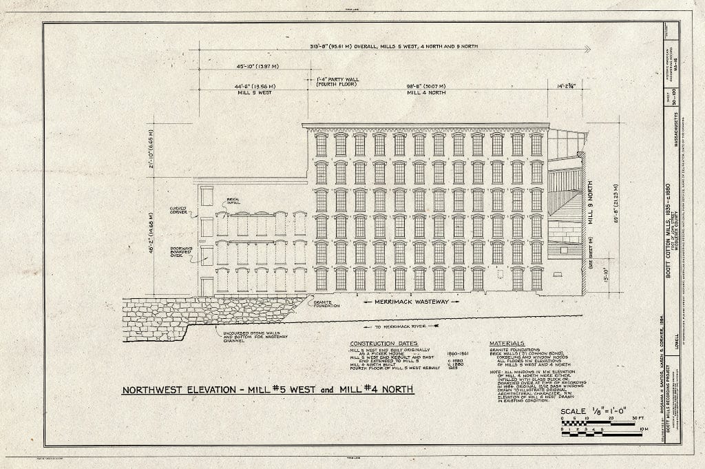 Blueprint Northwest Elevation - Mill #5 West and Mill #4 North - Boott Cotton Mills, John Street at Merrimack River, Lowell, Middlesex County, MA
