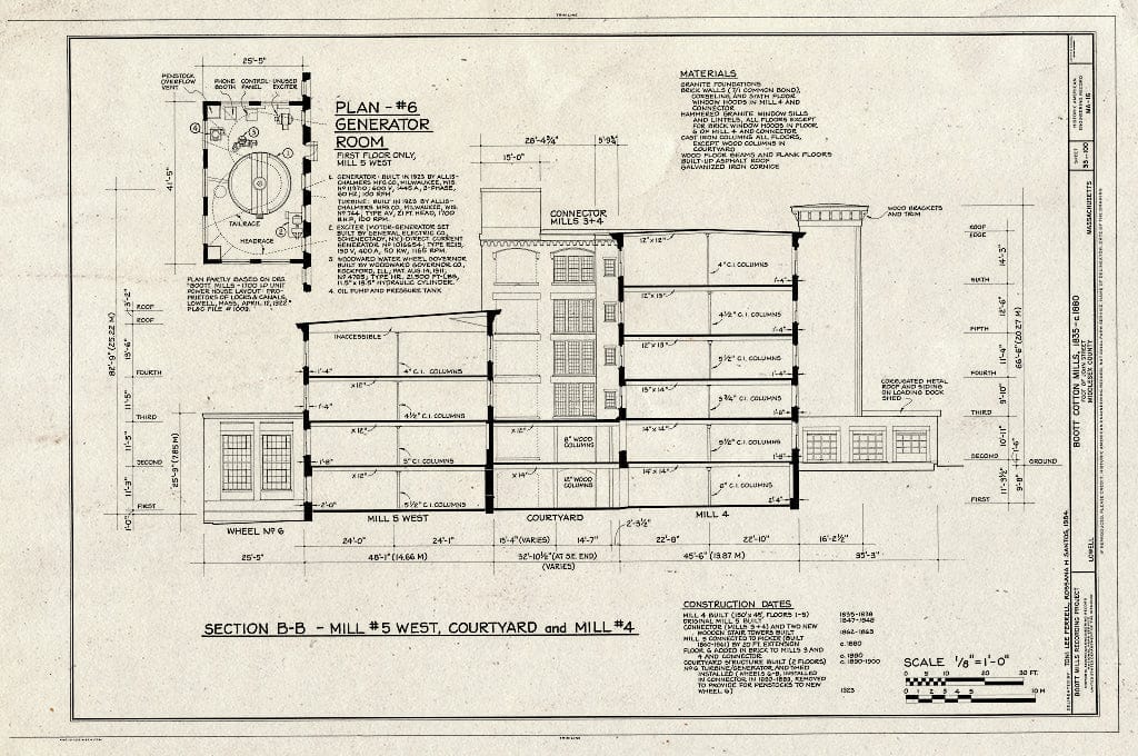 Blueprint Section BB - Mill #5 West, Courtyard and Mill #4 - Boott Cotton Mills, John Street at Merrimack River, Lowell, Middlesex County, MA