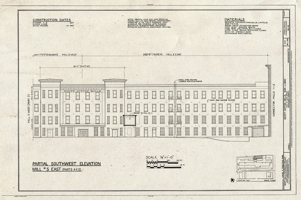 Blueprint Partial Southwest Elevation Mill #5 East (Parts 4 & 5) - Boott Cotton Mills, John Street at Merrimack River, Lowell, Middlesex County, MA