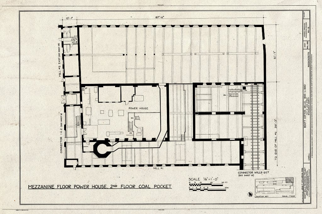 Blueprint Mezzanine Floor Power House, 2nd Floor Coal Pocket - Boott Cotton Mills, John Street at Merrimack River, Lowell, Middlesex County, MA