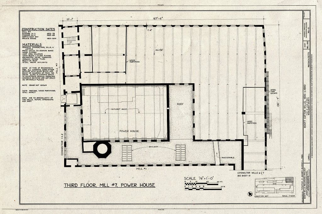 Blueprint Third Floor, Mill #7, Power House - Boott Cotton Mills, John Street at Merrimack River, Lowell, Middlesex County, MA