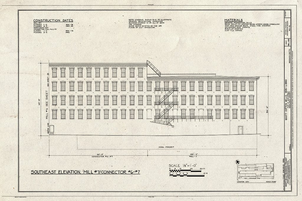 Blueprint Southeast Elevation, Mill #7, Connector #6 - #7 - Boott Cotton Mills, John Street at Merrimack River, Lowell, Middlesex County, MA