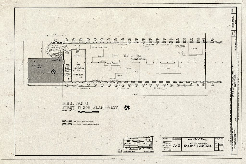 Blueprint Mill No. 6 First Floor Plan - West, Existing Conditions - Boott Cotton Mills, John Street at Merrimack River, Lowell, Middlesex County, MA