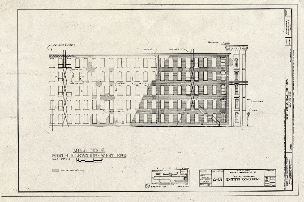 Blueprint Mill No. 6, North Elevation - West End, Existing Conditions - Boott Cotton Mills, John Street at Merrimack River, Lowell, Middlesex County, MA