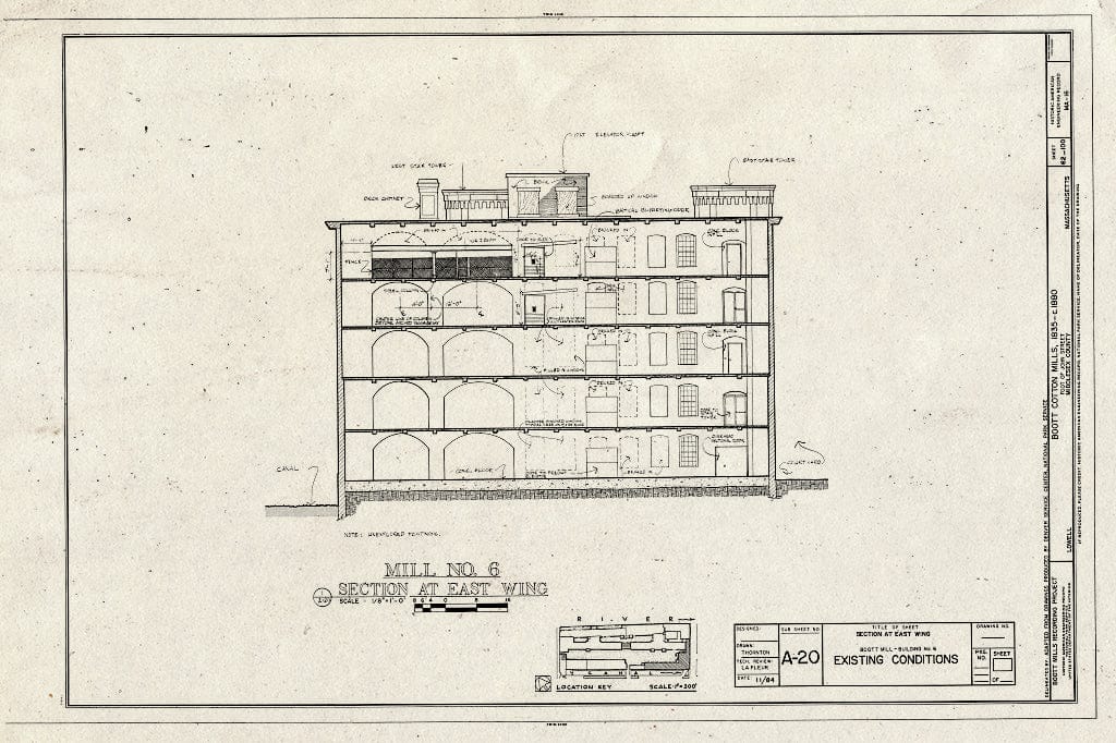 Blueprint Mill No. 6, Section at East Wing, Existing Conditions - Boott Cotton Mills, John Street at Merrimack River, Lowell, Middlesex County, MA