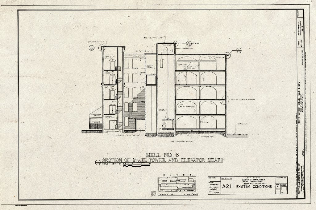 Blueprint Mill No. 6, Section of Stair Tower and Elevator Shaft, Existing Conditions - Boott Cotton Mills, John Street at Merrimack River, Lowell, Middlesex County, MA