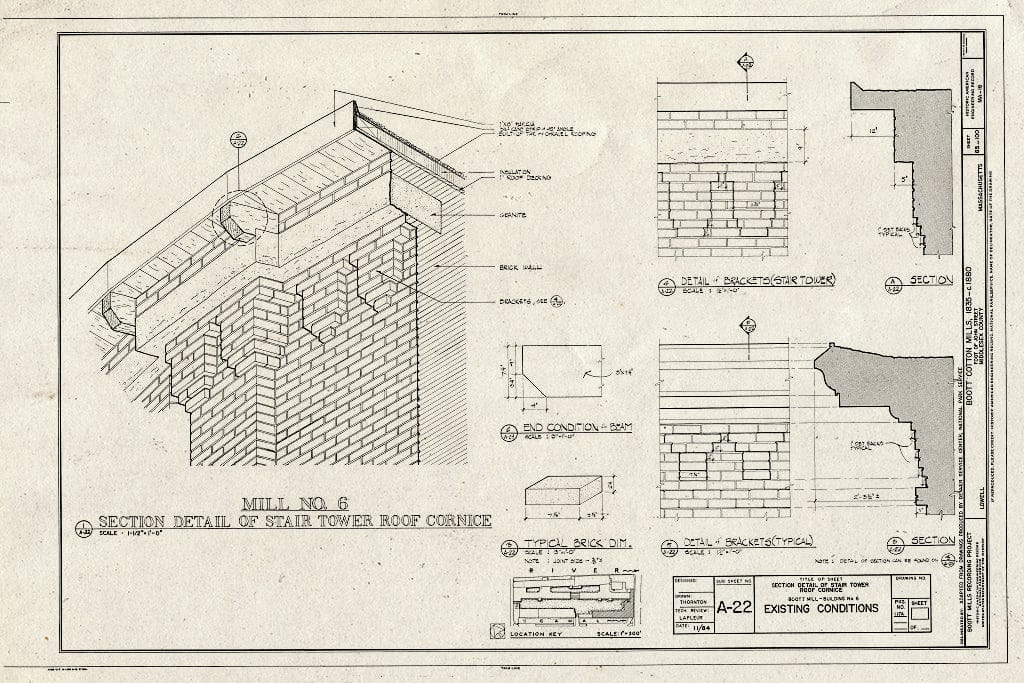 Blueprint Mill No. 6, Section Detail of Stair Tower Roof Cornice, Existing Conditions - Boott Cotton Mills, John Street at Merrimack River, Lowell, Middlesex County, MA