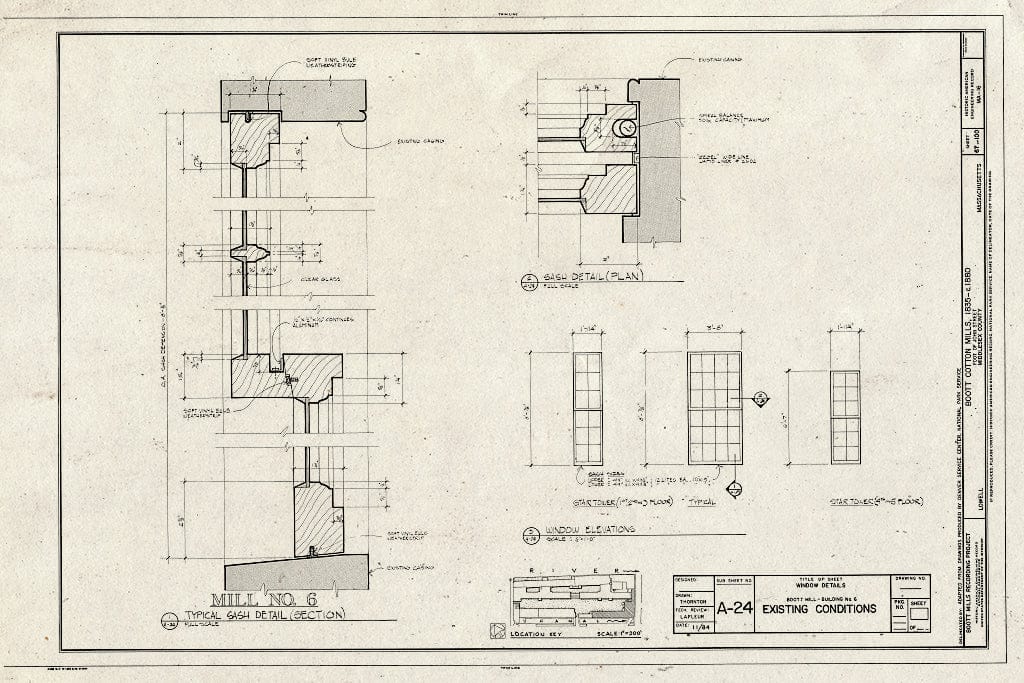 Blueprint Mill No. 6, Typical Details Existing Conditions - Boott Cotton Mills, John Street at Merrimack River, Lowell, Middlesex County, MA