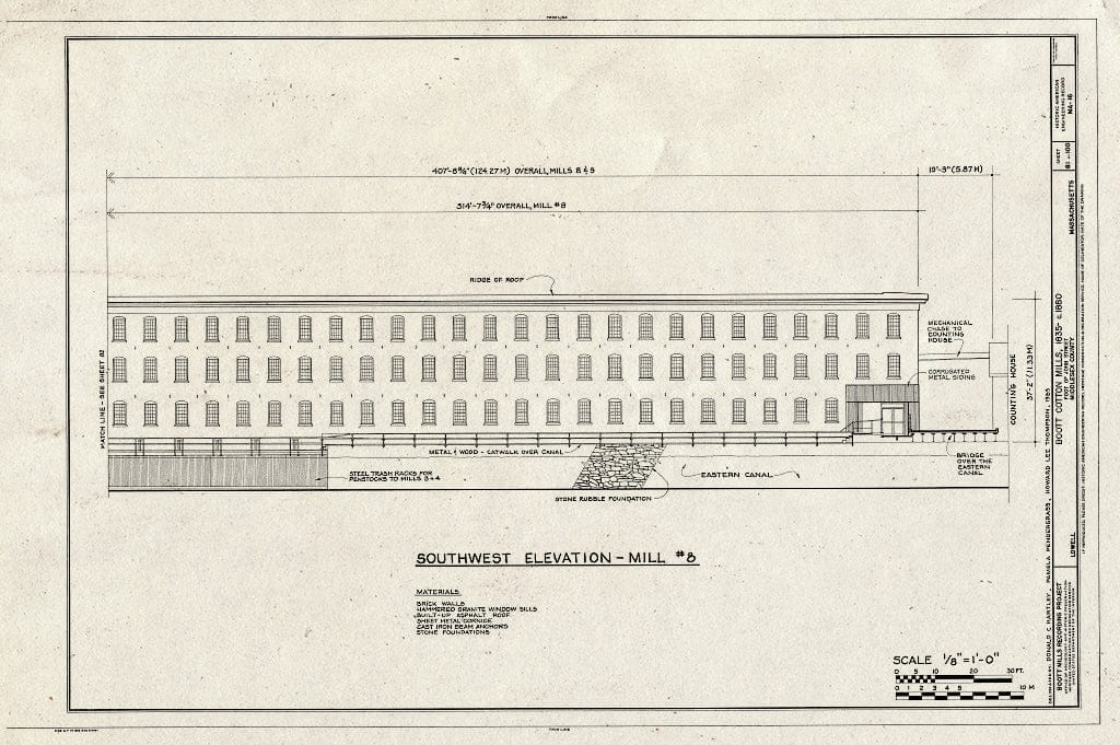 Blueprint Southwest Elevation - Mill #8 - Boott Cotton Mills, John Street at Merrimack River, Lowell, Middlesex County, MA