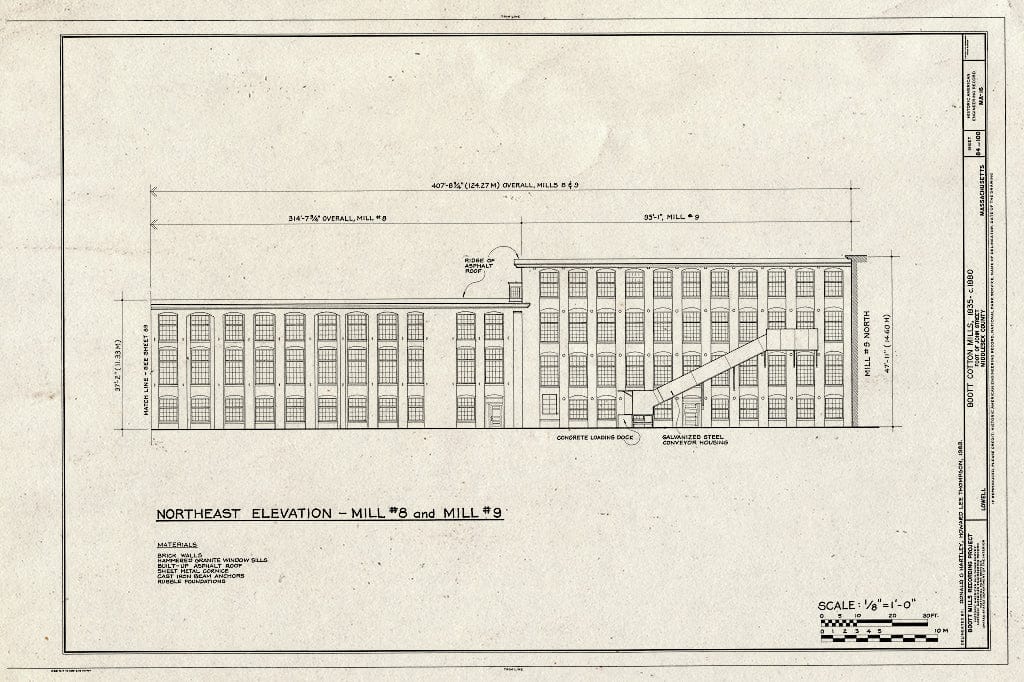 Blueprint Northeast Elevation - Mill #8 and Mill #9 - Boott Cotton Mills, John Street at Merrimack River, Lowell, Middlesex County, MA
