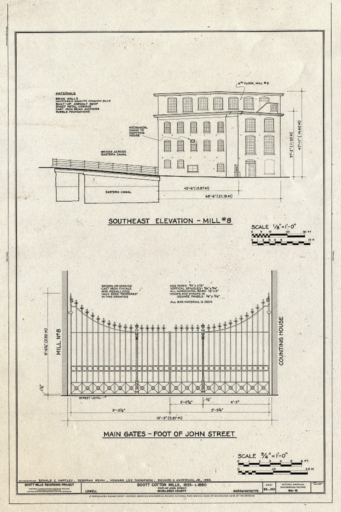 Blueprint Southeast Elevation - Mill #8, Main Gates - Foot of John Street - Boott Cotton Mills, John Street at Merrimack River, Lowell, Middlesex County, MA