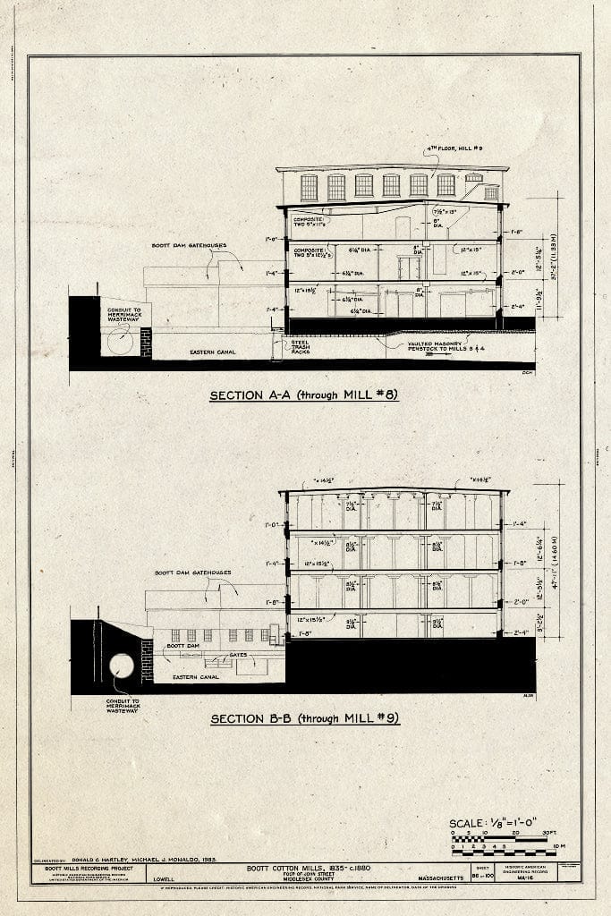 Blueprint Section AA (Through Mill #8), Section BB (Through Mill #9) - Boott Cotton Mills, John Street at Merrimack River, Lowell, Middlesex County, MA