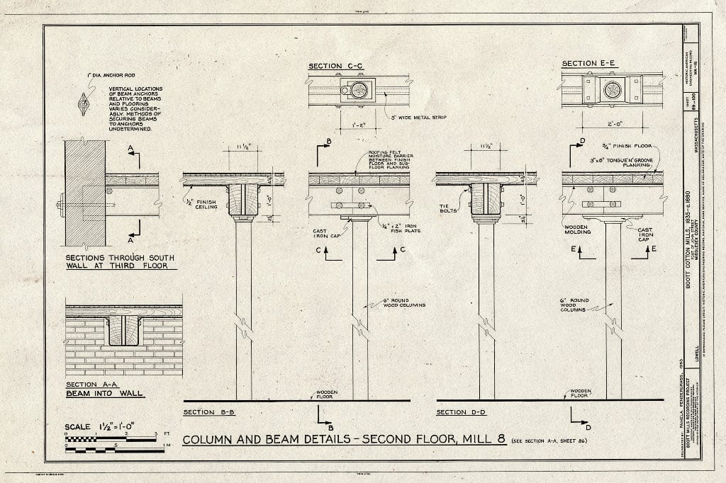 Blueprint Column and Beam Details - Second Floor, Mill #8 - Boott Cotton Mills, John Street at Merrimack River, Lowell, Middlesex County, MA
