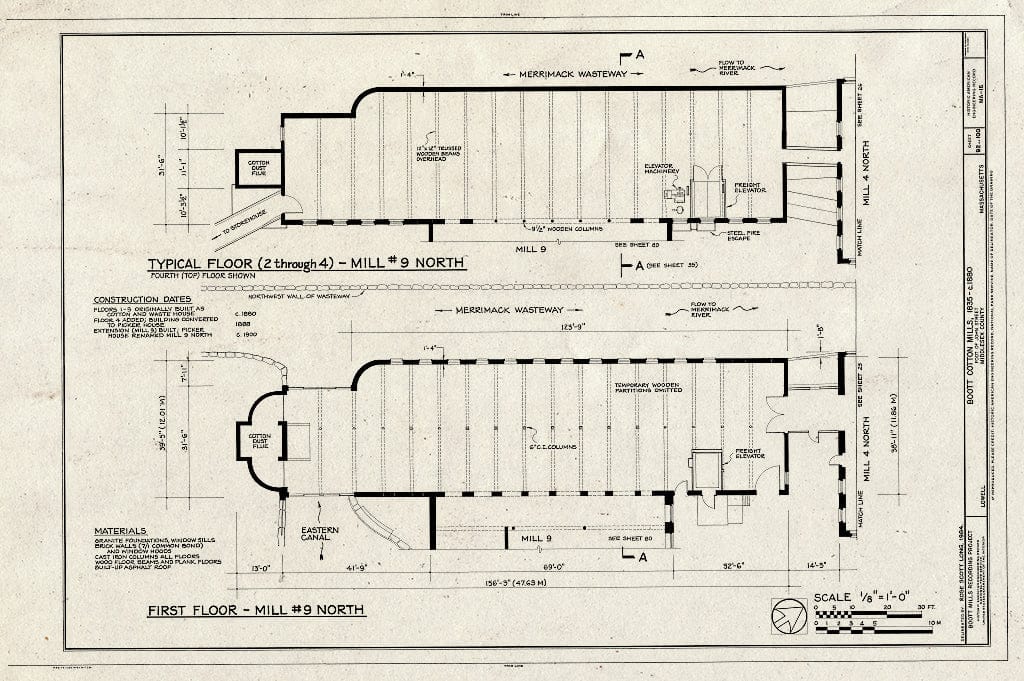 Blueprint Typical Floor (2 Through 4) - Mill #9 North, First Floor - Mill #9 North - Boott Cotton Mills, John Street at Merrimack River, Lowell, Middlesex County, MA