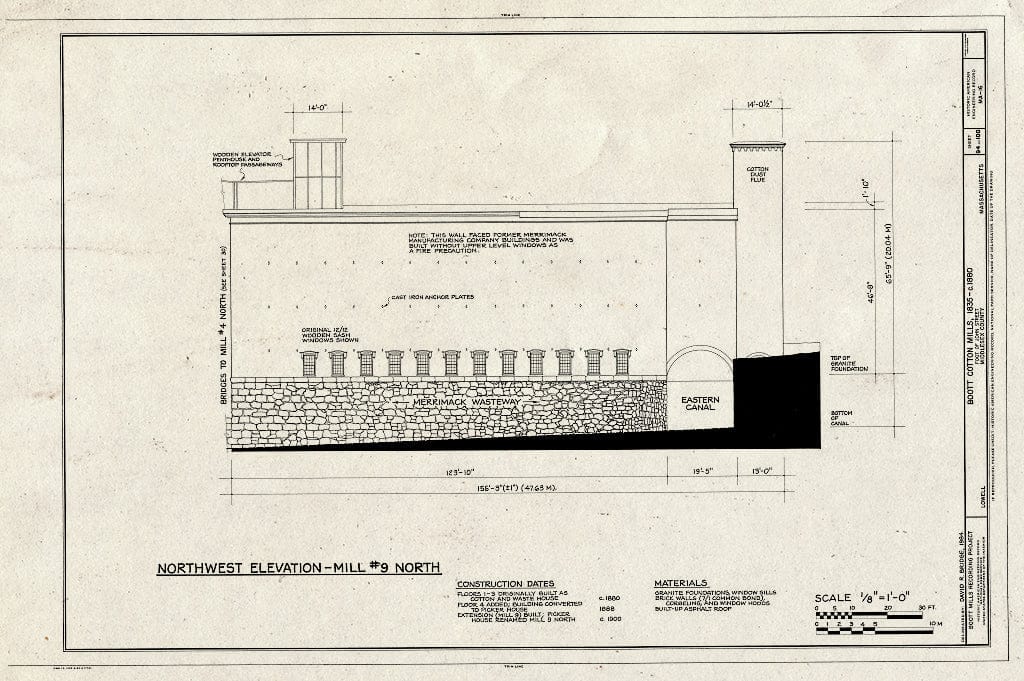 Blueprint Northwest Elevation - Mill #9 North - Boott Cotton Mills, John Street at Merrimack River, Lowell, Middlesex County, MA