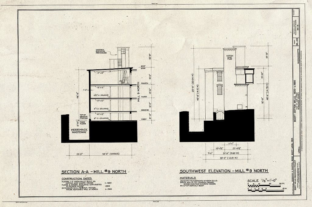 Blueprint Section AA - Mill #9 North, Southwest Elevation - Mill #9 North - Boott Cotton Mills, John Street at Merrimack River, Lowell, Middlesex County, MA