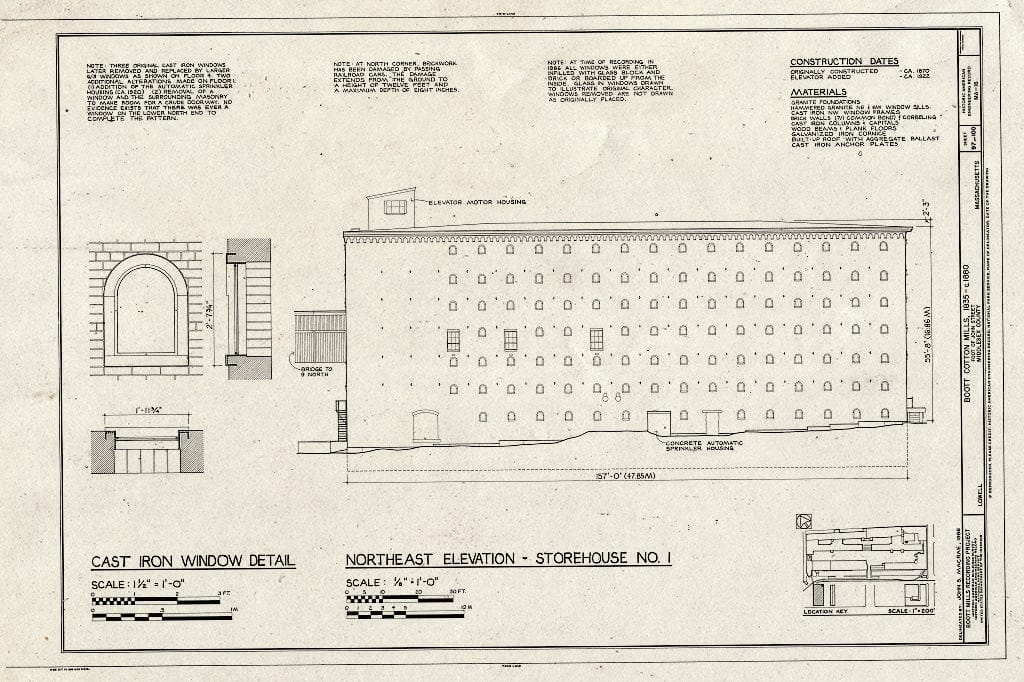 Blueprint Northeast Elevation - Storehouse No. 1 - Boott Cotton Mills, John Street at Merrimack River, Lowell, Middlesex County, MA