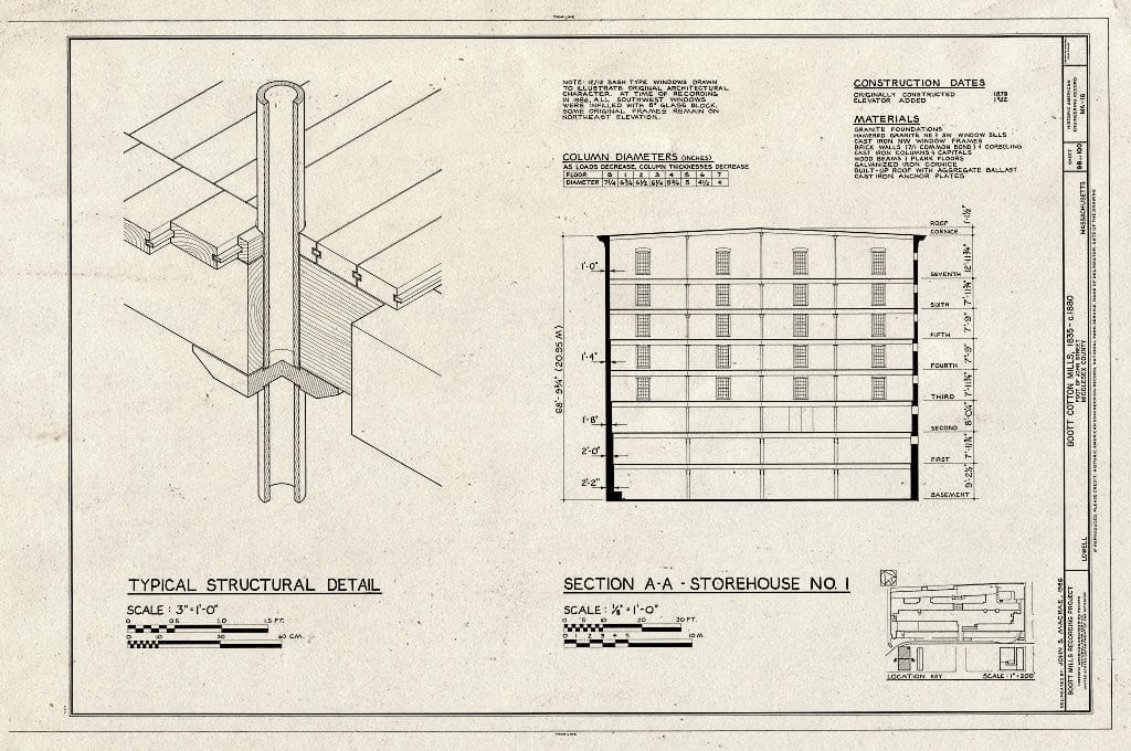 Blueprint Typical Structural Detail, Section AA - Storehouse No. 1 - Boott Cotton Mills, John Street at Merrimack River, Lowell, Middlesex County, MA