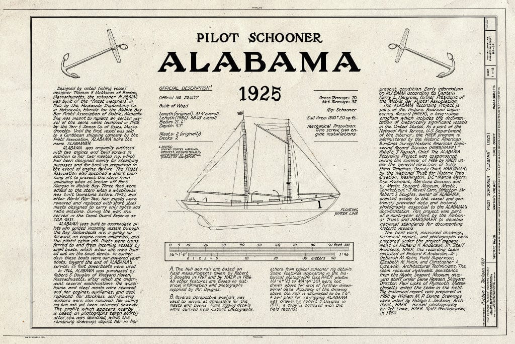 Blueprint HAER Mass,4-VINHA,1- (Sheet 1 of 12) - Pilot Schooner Alabama, Moored in Harbor at Vineyard Haven, Vineyard Haven, Dukes County, MA