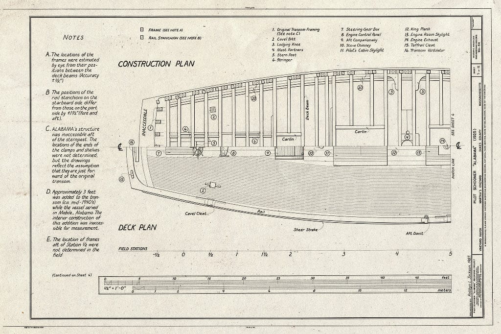 Blueprint HAER Mass,4-VINHA,1- (Sheet 5 of 12) - Pilot Schooner Alabama, Moored in Harbor at Vineyard Haven, Vineyard Haven, Dukes County, MA