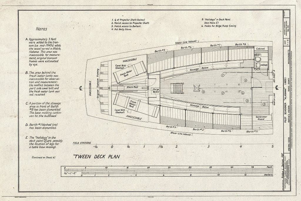 Blueprint HAER Mass,4-VINHA,1- (Sheet 7 of 12) - Pilot Schooner Alabama, Moored in Harbor at Vineyard Haven, Vineyard Haven, Dukes County, MA