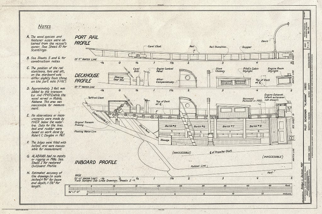 Blueprint HAER Mass,4-VINHA,1- (Sheet 9 of 12) - Pilot Schooner Alabama, Moored in Harbor at Vineyard Haven, Vineyard Haven, Dukes County, MA