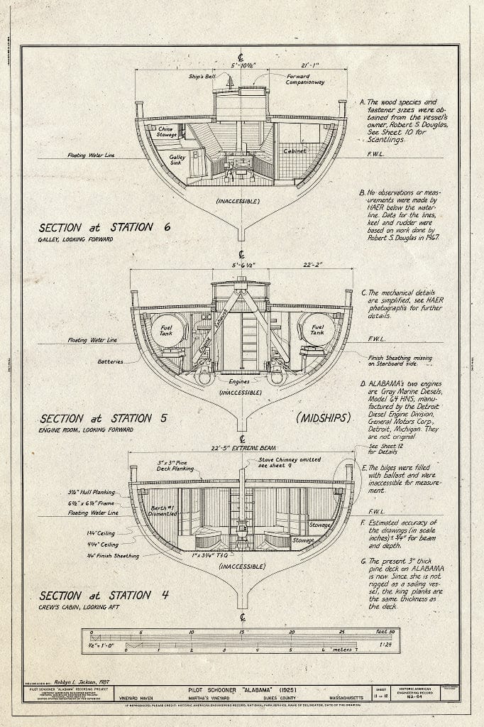 Blueprint HAER Mass,4-VINHA,1- (Sheet 11 of 12) - Pilot Schooner Alabama, Moored in Harbor at Vineyard Haven, Vineyard Haven, Dukes County, MA