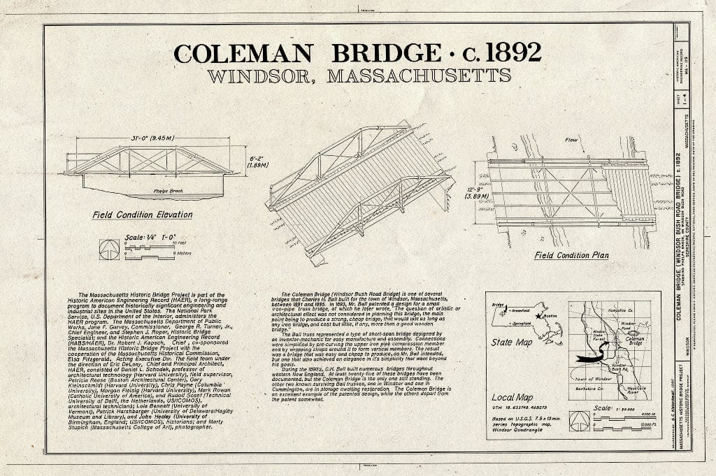 Blueprint HAER MASS,2-WIND,1- (sheet 1 of 4) - Coleman Bridge, Spanning Phelps Brook, on Windsor Bush Road, at eastern edge of Windsor State Forest, Windsor, Berkshire County, MA
