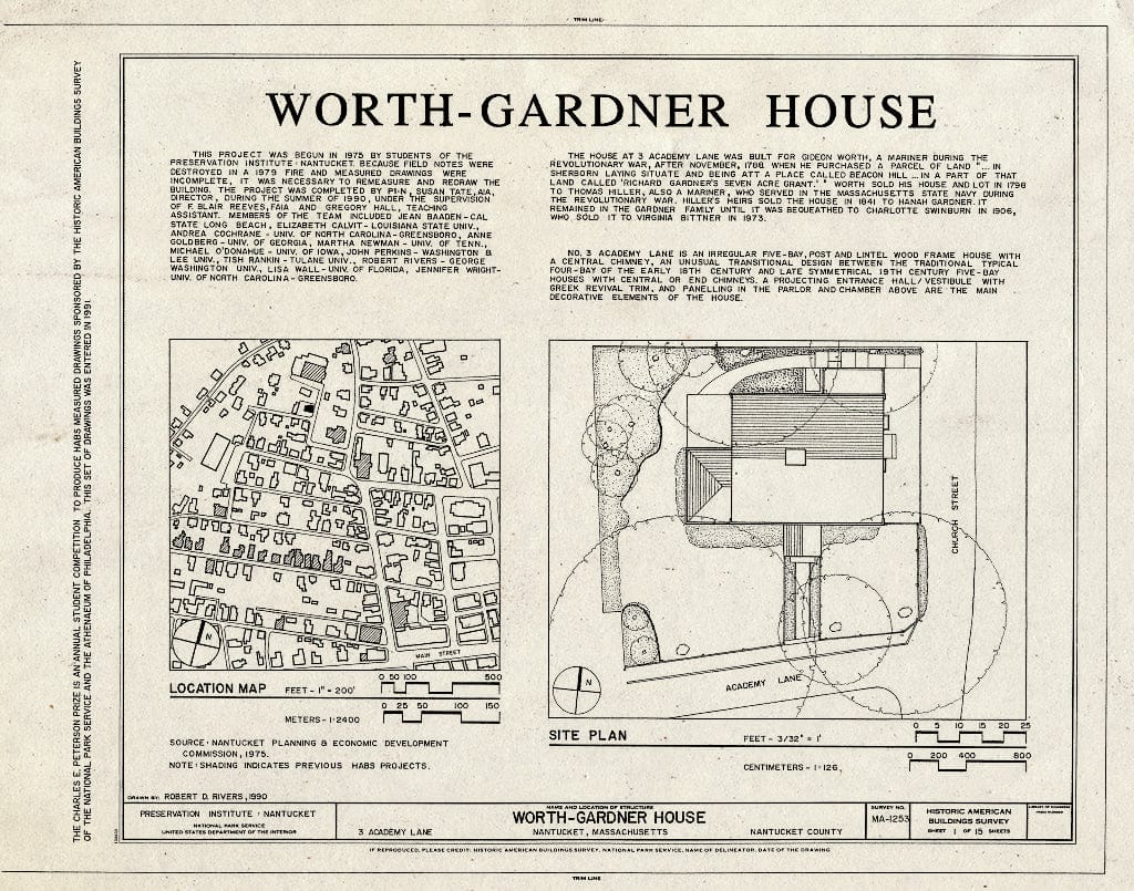 Blueprint HABS Mass,10-NANT,92- (Sheet 1 of 15) - Worth-Gardner House, 3 Academy Lane, Nantucket, Nantucket County, MA