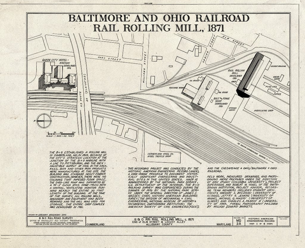 Blueprint HAER MD,1-CUMB,2A- (Sheet 1 of 4) - Baltimore & Ohio Railroad, Rail Rolling Mill, Elm Street & Locust Alley, Cumberland, Allegany County, MD