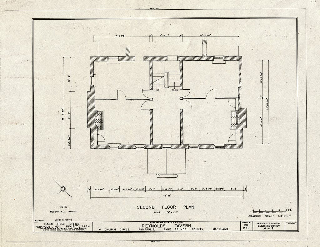 Blueprint Second Floor Plan - Reynold's Tavern, 4 Church Circle at Franklin Street, Annapolis, Anne Arundel County, MD