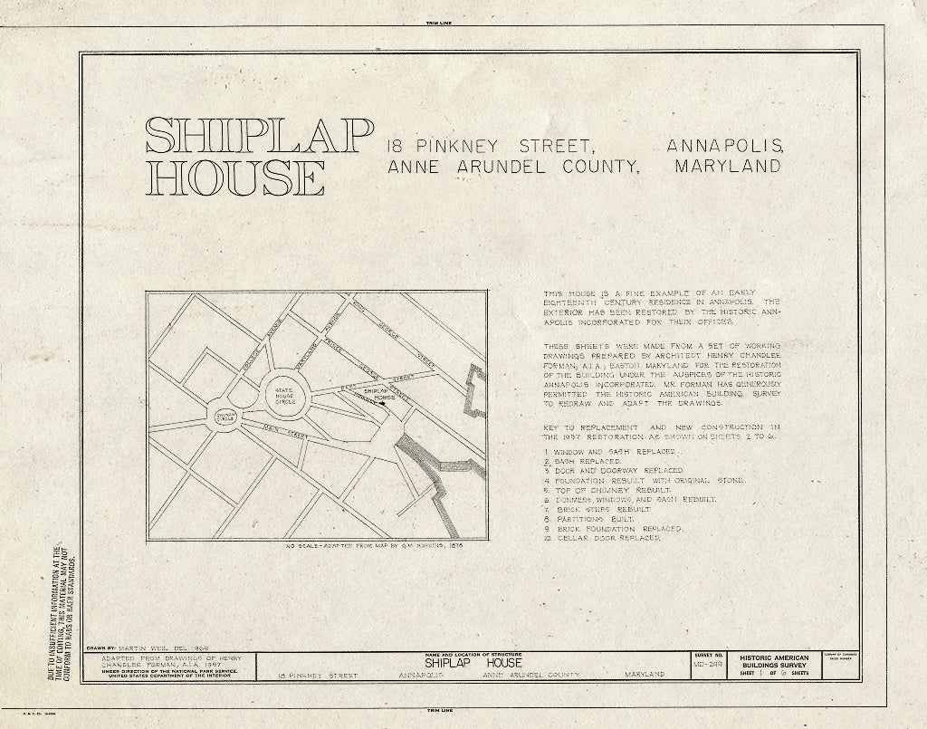 Blueprint HABS MD,2-Anna,9- (Sheet 1 of 6) - Slicer-Shiplap House, 18 Pinkney Street, Annapolis, Anne Arundel County, MD