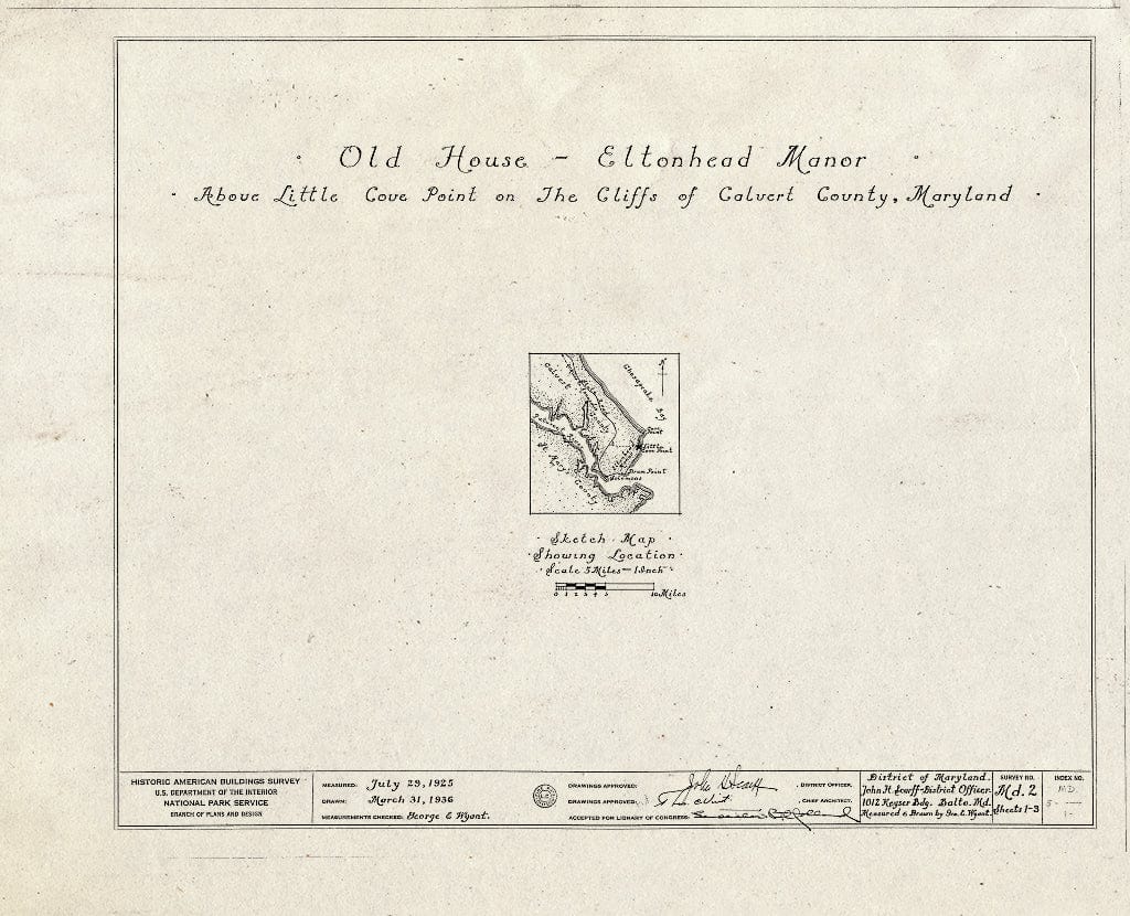 Blueprint HABS MD,5-,1- (Sheet 0 of 3) - Old House-Eltonhead Manor, Little Cove Point Road, Cove Point, Calvert County, MD