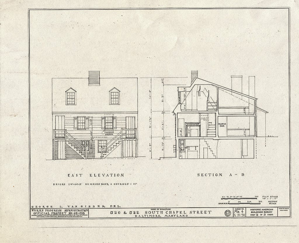Blueprint HABS MD,4-BALT,13- (Sheet 3 of 3) - 520-522 South Chapel Street (Double House), Fell's Point, Baltimore, Independent City, MD