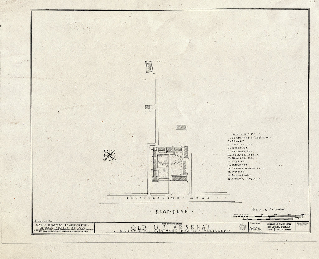 Blueprint HABS MD,3-PIKV,1- (Sheet 1 of 14) - U.S. Arsenal, Reisterstown Road, Pikesville, Baltimore County, MD