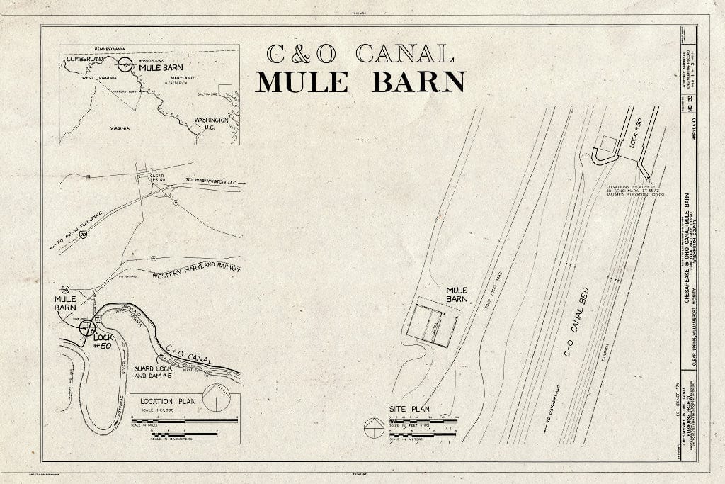 Blueprint HAER MD,22-CLESP.V,1- (Sheet 1 of 3) - Chesapeake & Ohio Canal, Mule Barn, Four Lock Road, Clear Spring, Washington County, MD