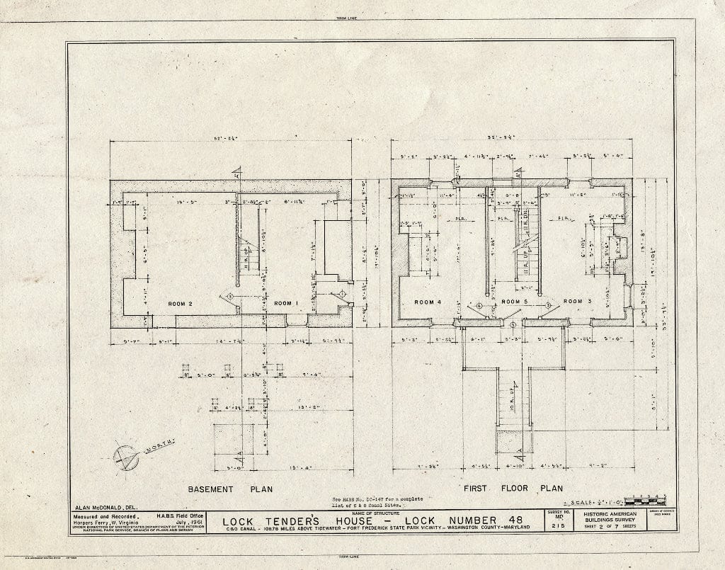 Blueprint HABS MD,22-FOFR.V,1- (Sheet 2 of 7) - Chesapeake & Ohio Canal, Lock Tender's House at Lock 48, 108.9 Miles Above Tidewater, Williamsport, Washington County, MD