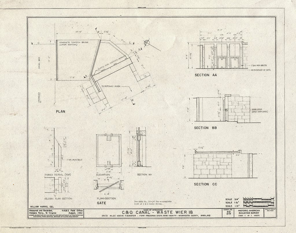 Blueprint HABS MD,22-FOFR.V,14- (Sheet 1 of 1) - Chesapeake & Ohio Canal, Waste Weir 18, 109.32 Miles Above Tidewater, Williamsport, Washington County, MD