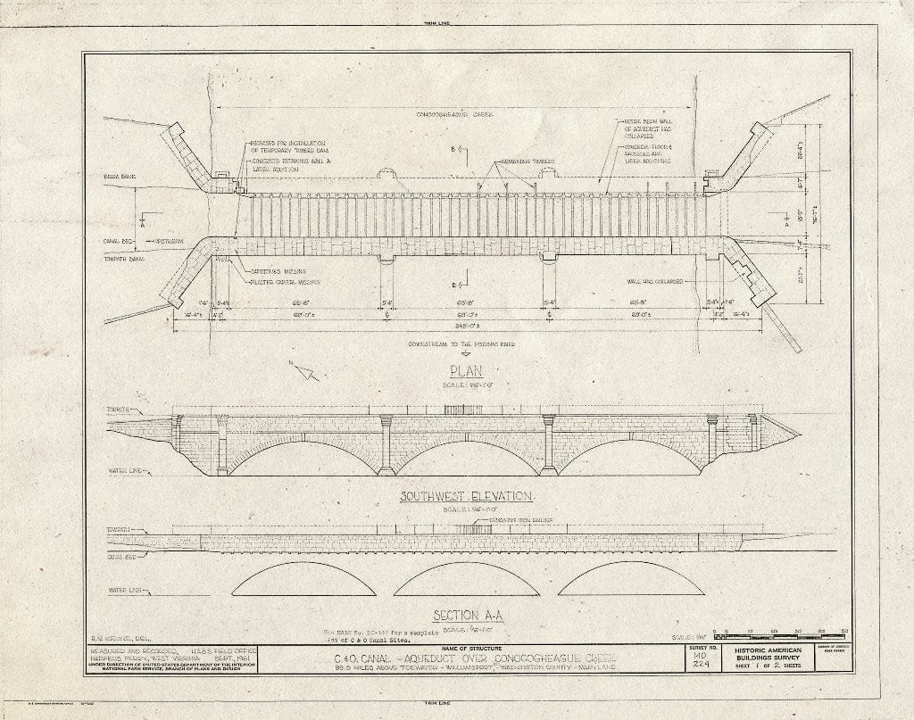Blueprint HABS MD,22-WILPO.V,2- (Sheet 1 of 2) - Chesapeake & Ohio Canal, Conococheague Creek Aqueduct, 99.8 Miles Above Tidewater, Williamsport, Washington County, MD