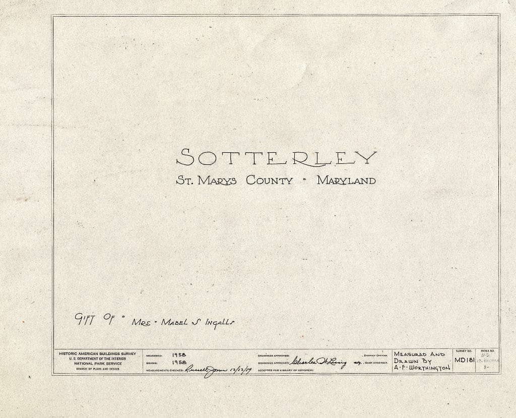 Blueprint HABS MD,19-HOLWO.V,3- (Sheet 0 of 6) - Sotterly, State Route 245 & Vista Road Vicinity, Hollywood, St. Mary's County, MD