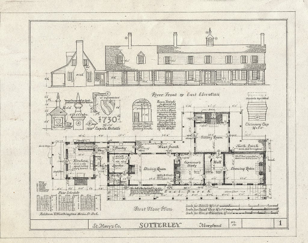 Blueprint HABS MD,19-HOLWO.V,3- (Sheet 1 of 6) - Sotterly, State Route 245 & Vista Road Vicinity, Hollywood, St. Mary's County, MD