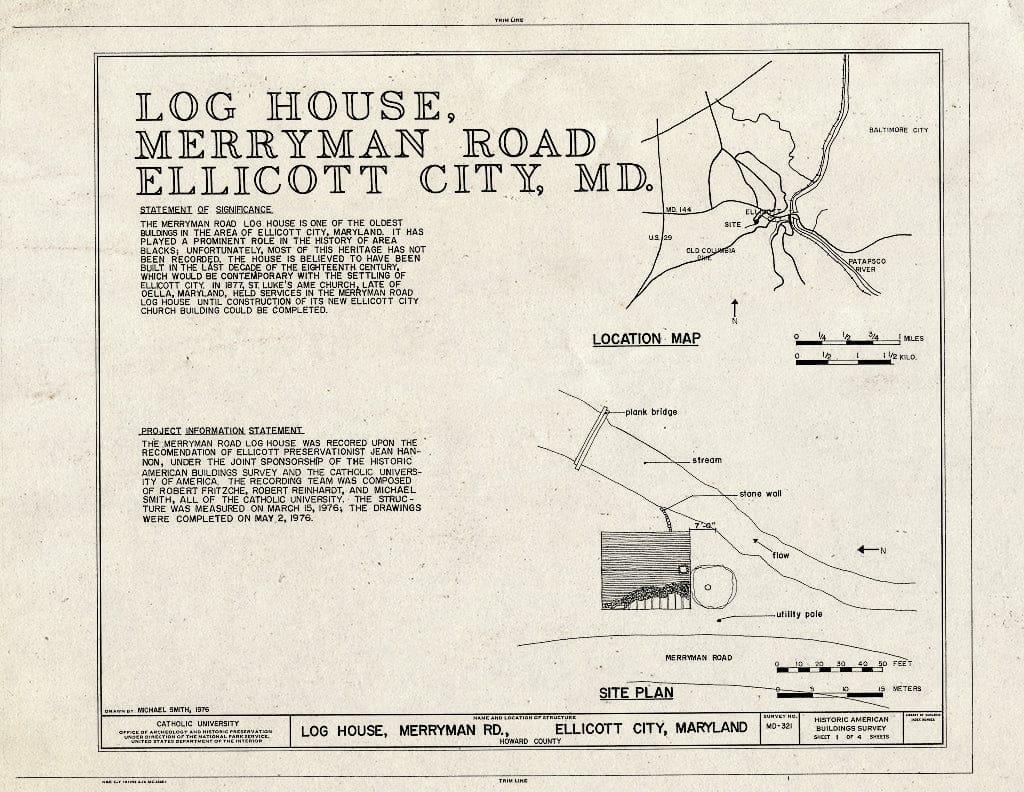 Blueprint HABS MD,14-ELLCI,12- (Sheet 1 of 4) - Log House, Merryman Road, Ellicott City, Howard County, MD